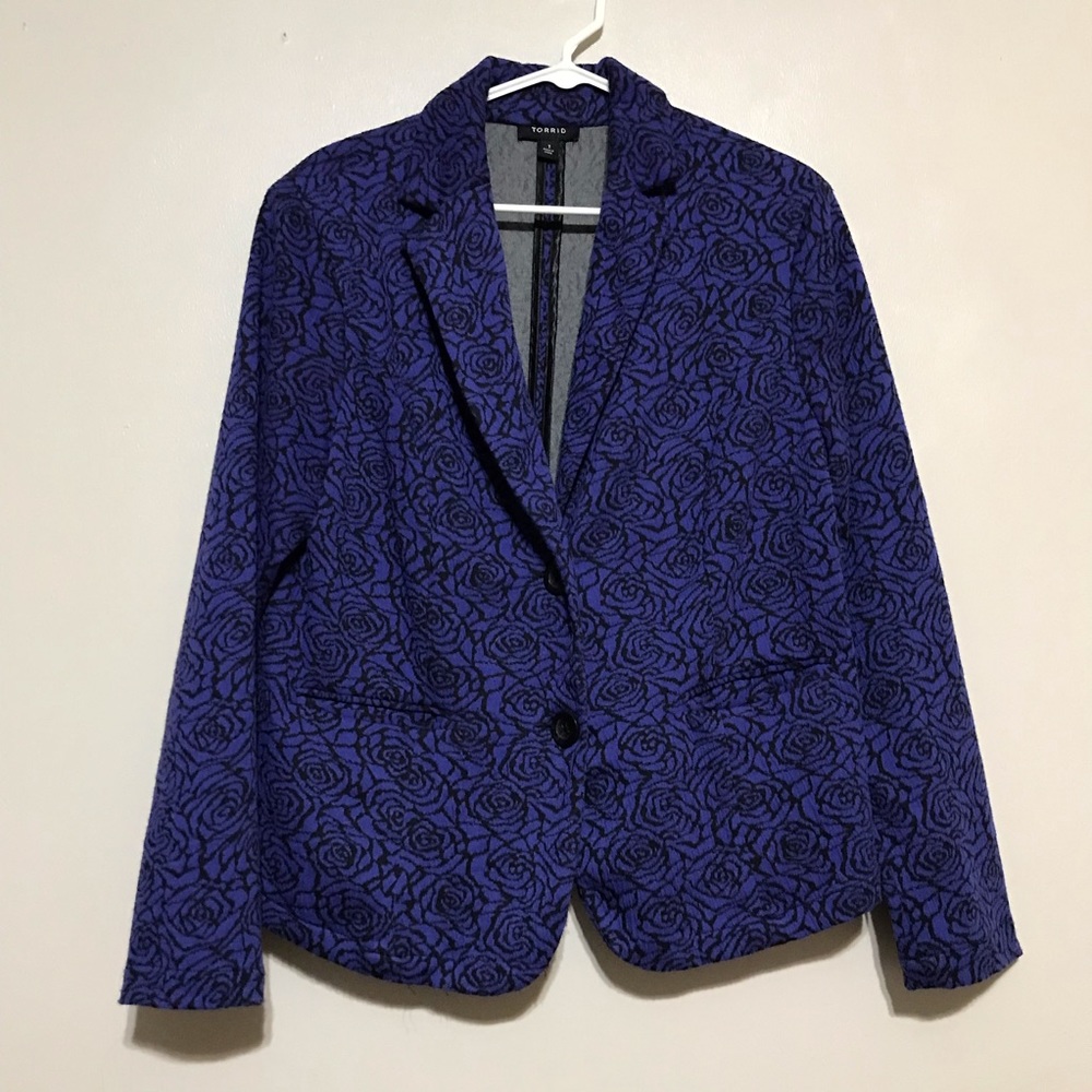 Torrid Purple Button Down Blazer Black Texture Rose Detail